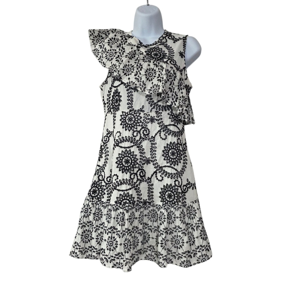 Sfera Womens Midi‎ Dress White S Floral Ruffled Asymmetric Embroidered Eyelet